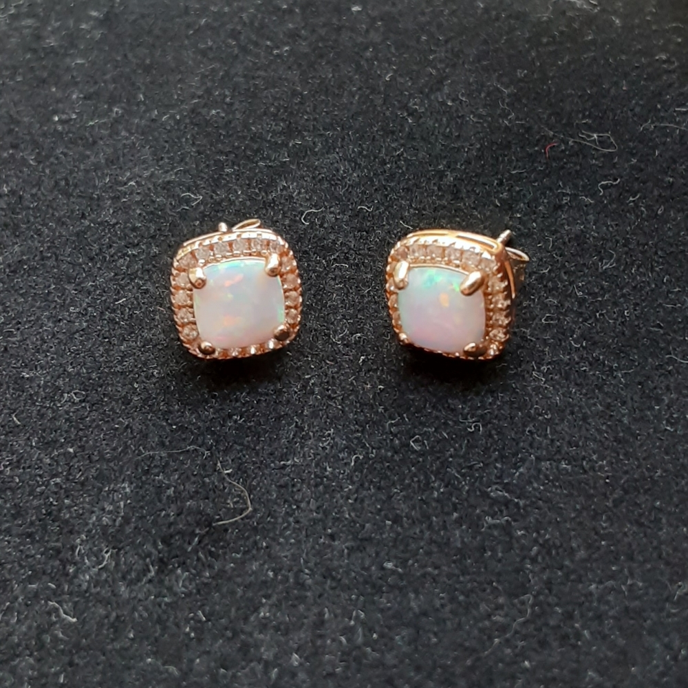 Rose gold and opal/cz halo earrings
